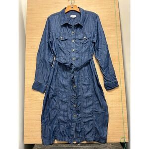 Calvin Klein Blue Denim Long Sleeve Button Front Belted Midi Shirt Dress Size 12